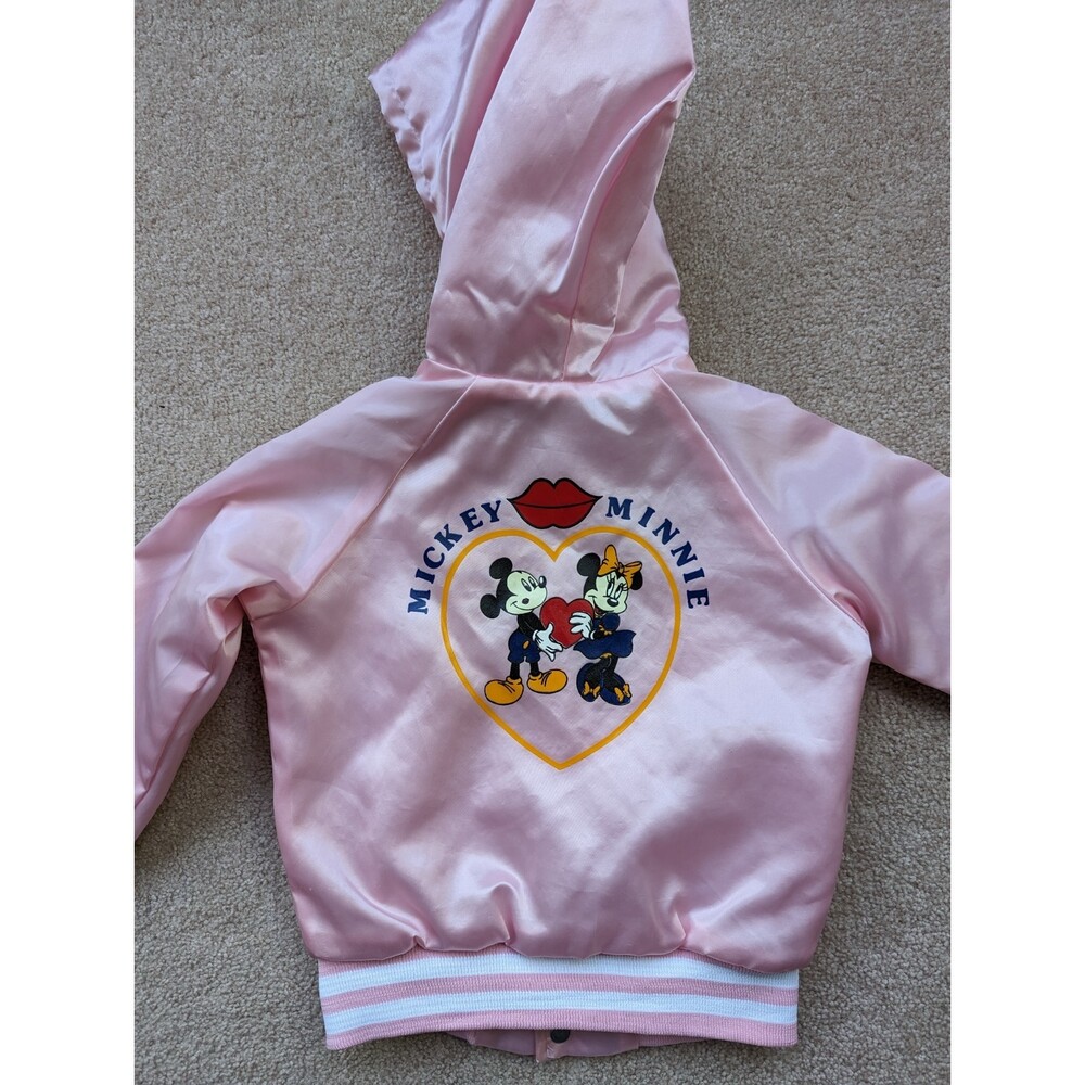 Vintage Kids Mickey & Minnie Chalk Line Hooded Satin Bomber Jacket - Rare